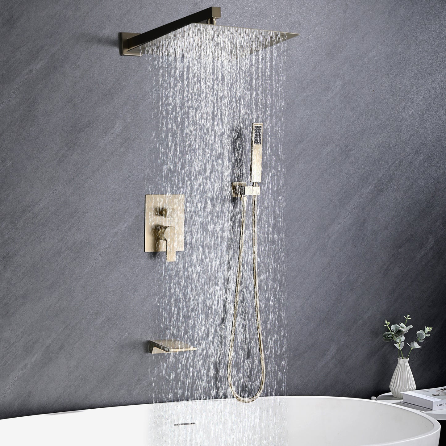 Wall Mounted Rainfall Shower Head System - Brushed Gold