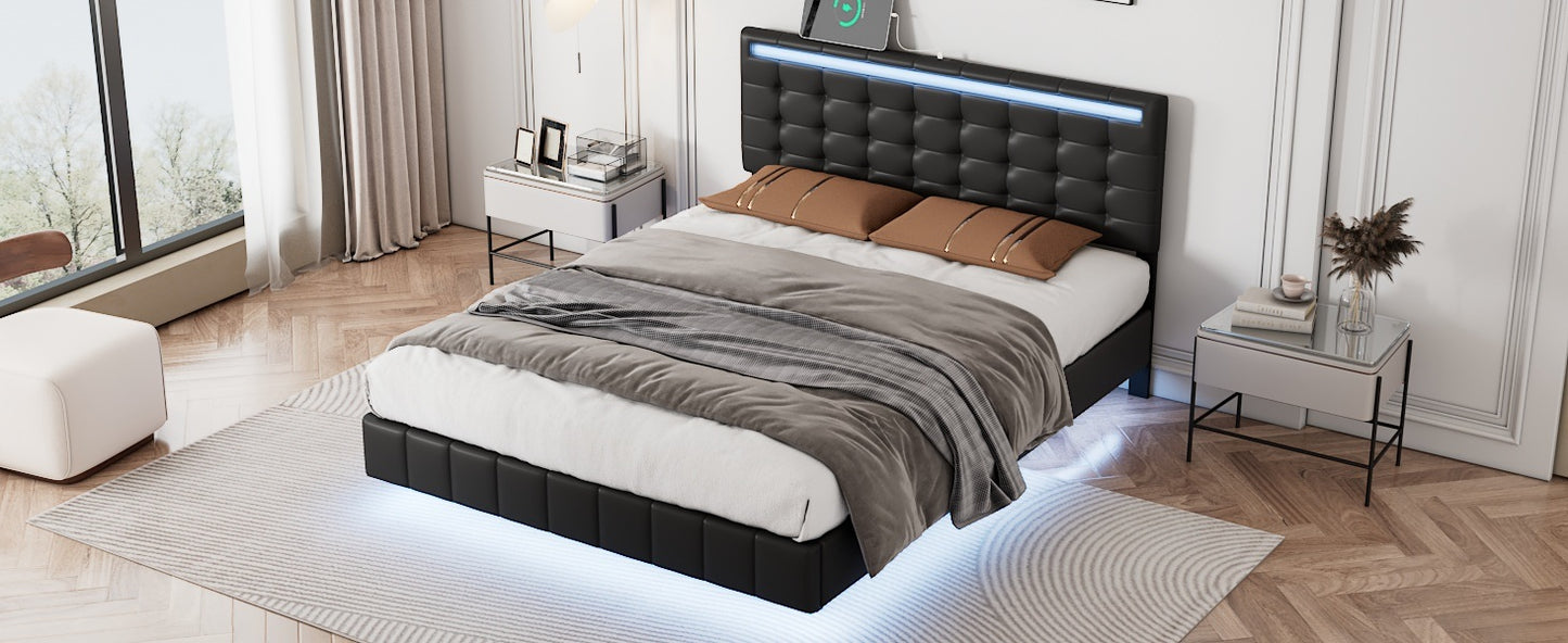 Floating Bed Frame with LED Lights and Charging Port - Full