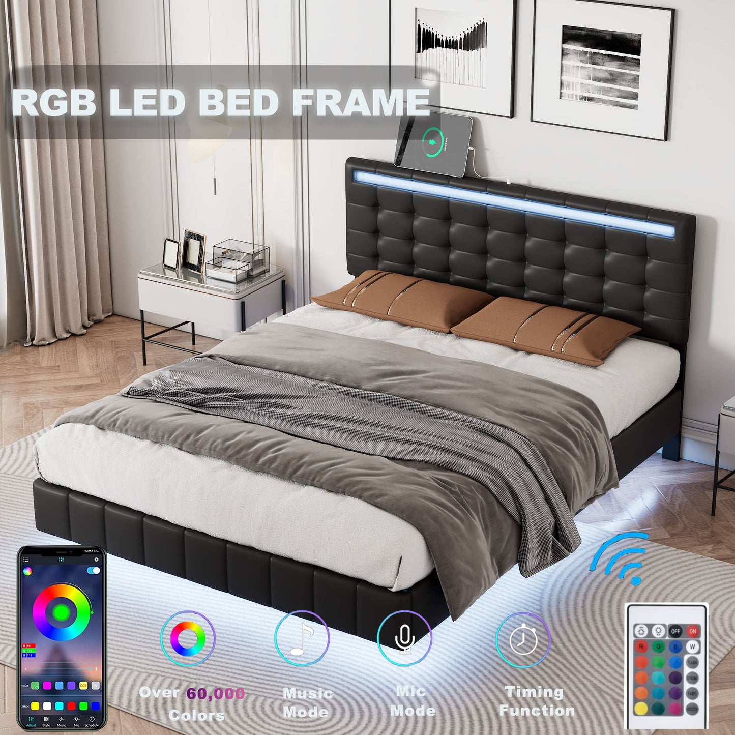 Floating Bed Frame with LED Lights and Charging Port - Full