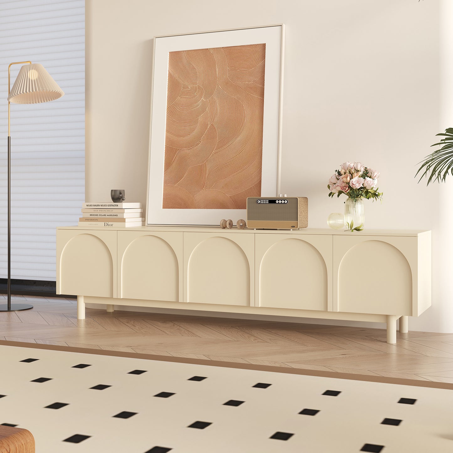 Modern TV Stand with Arched Doors - French Cream White