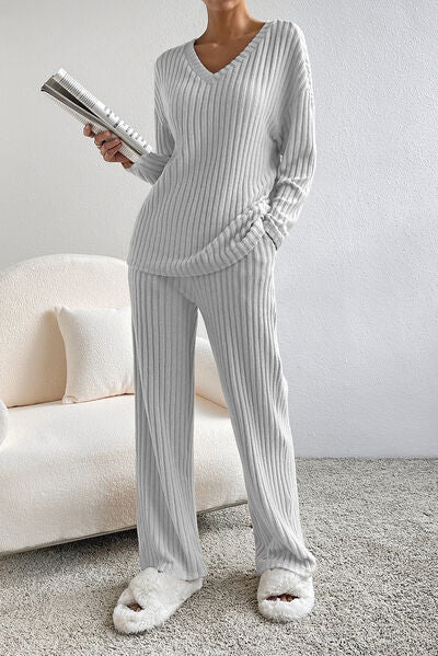 Ribbed V-Neck Top & Pants Lounge Set