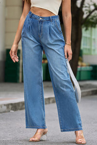 Buttoned Wide Leg Jeans with Pockets