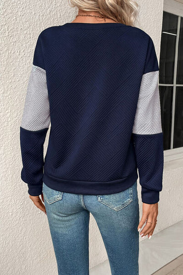 Textured Color Block Round Neck Sweatshirt