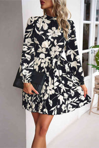 Floral Mock Neck Pleated Dress